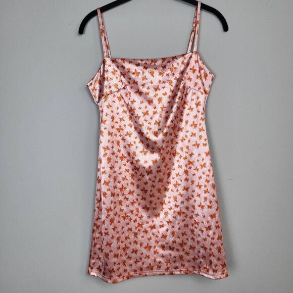 Urban Outfitters Womens Medium Satin Mini Dress Pink Butterfly Print Coquette - Picture 1 of 7